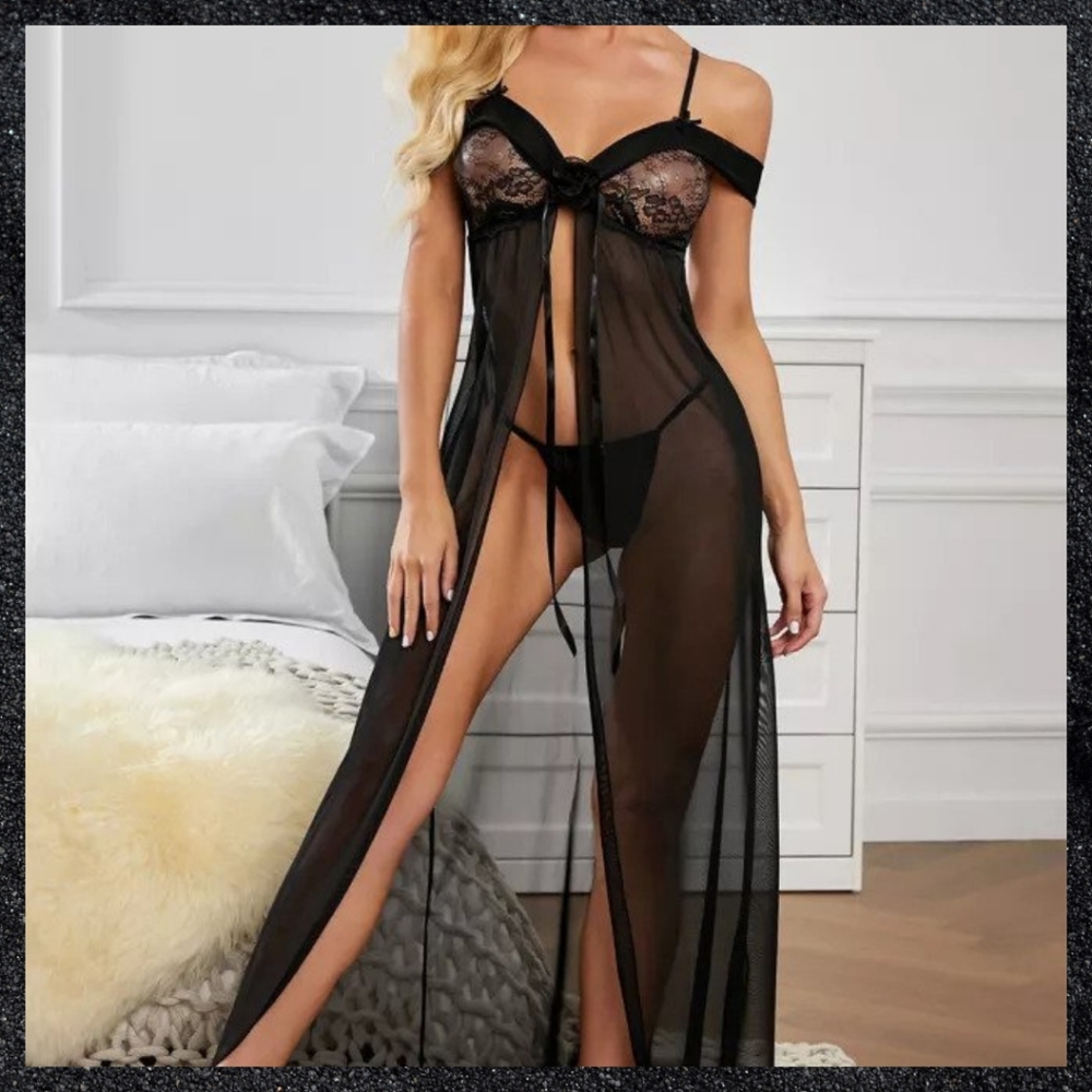 Black Off-Shoulder Princess Open Front Gown Nightie